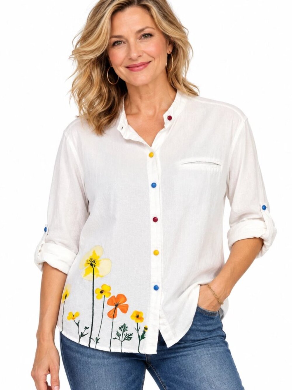 White Floral Botanical Blouse M Roll-Tab Sleeves Colorful Buttons Cottagecore